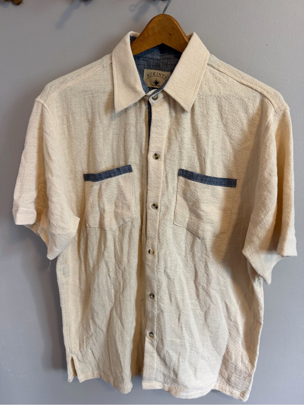 Bukinté 100% Linen Short Sleeve Button Up Shirt Cream Natural Denim Trim Mens L